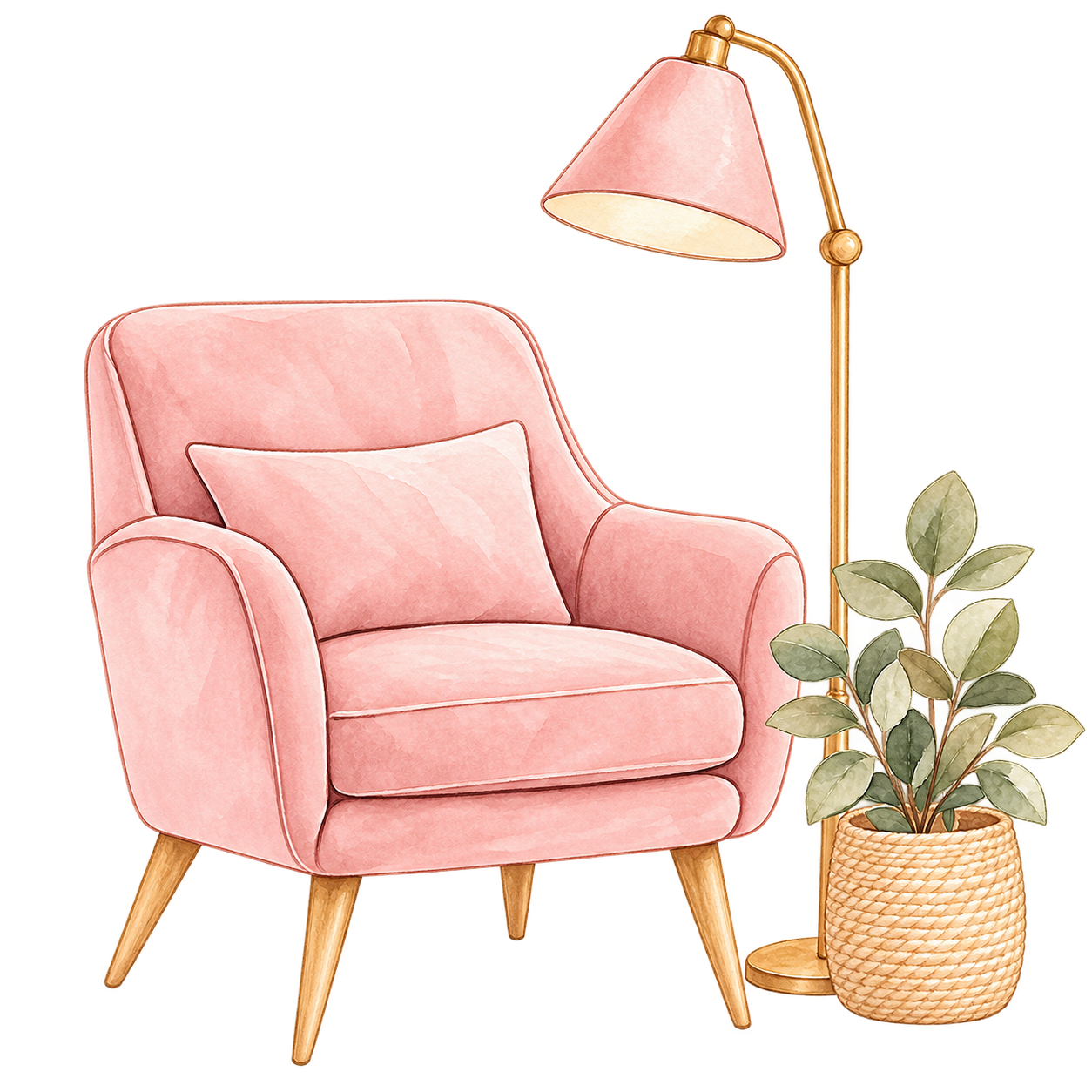 Illustration aquarelle d'un fauteuil rose et d'un lampadaire doré