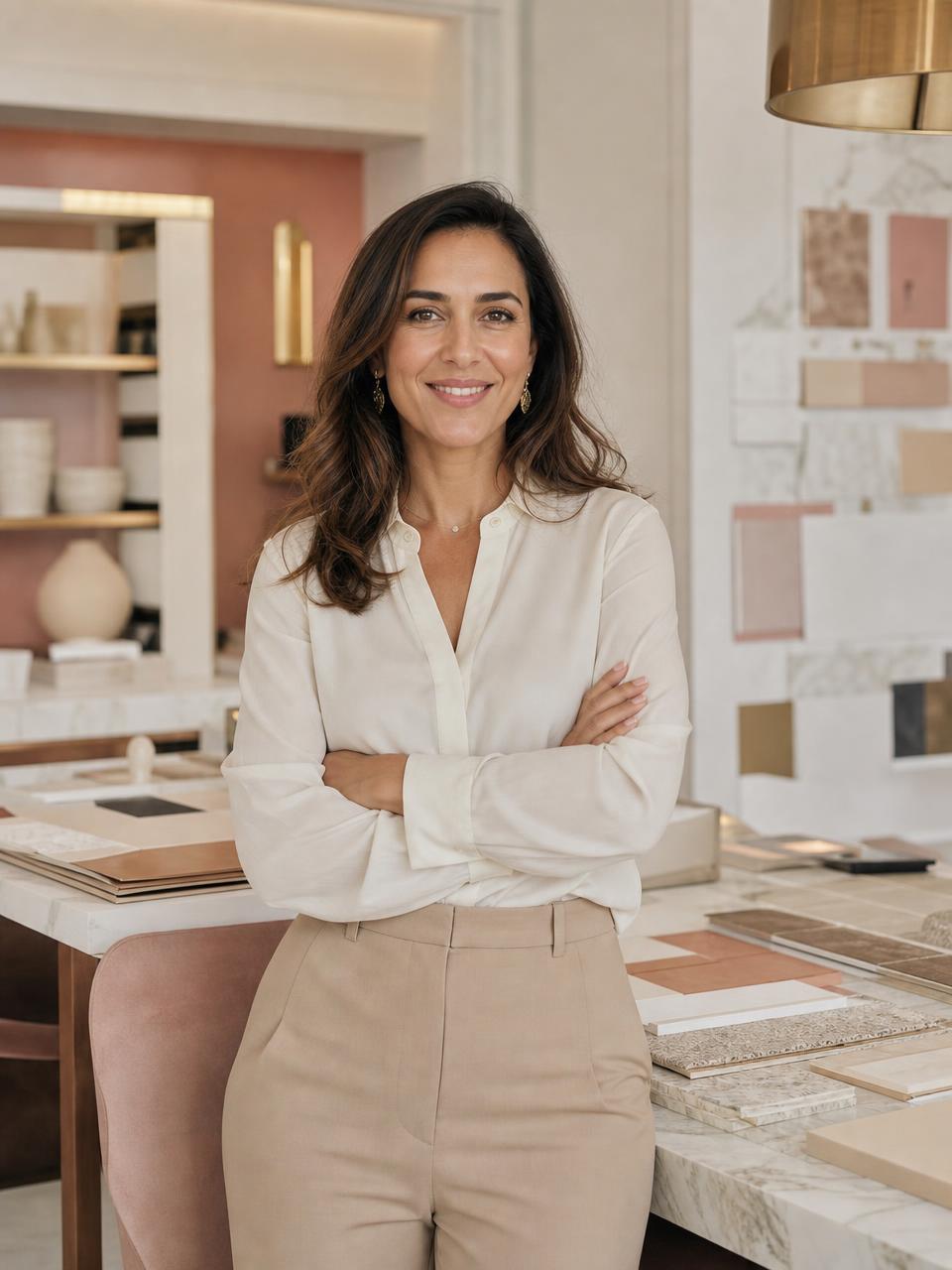 Bouchra, décoratrice d'intérieur et conceptrice, dans son espace de sélection de matières