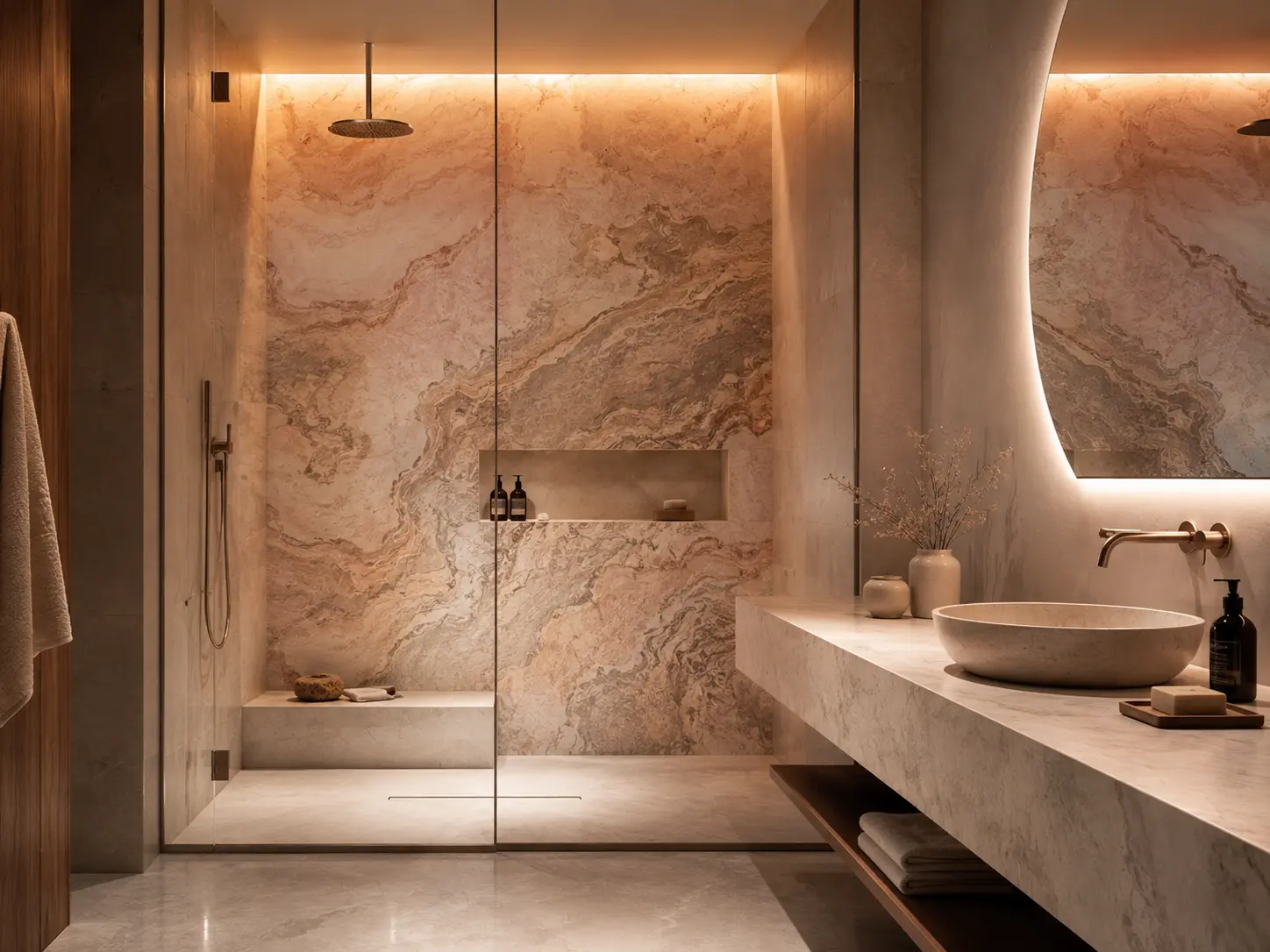 Salle de bain habillée de pierre, robinetterie dorée et miroir rétroéclairé