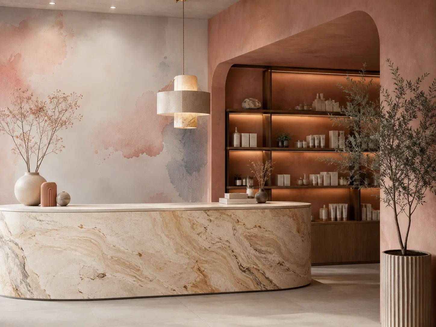 Espace d'accueil professionnel en teintes terracotta
