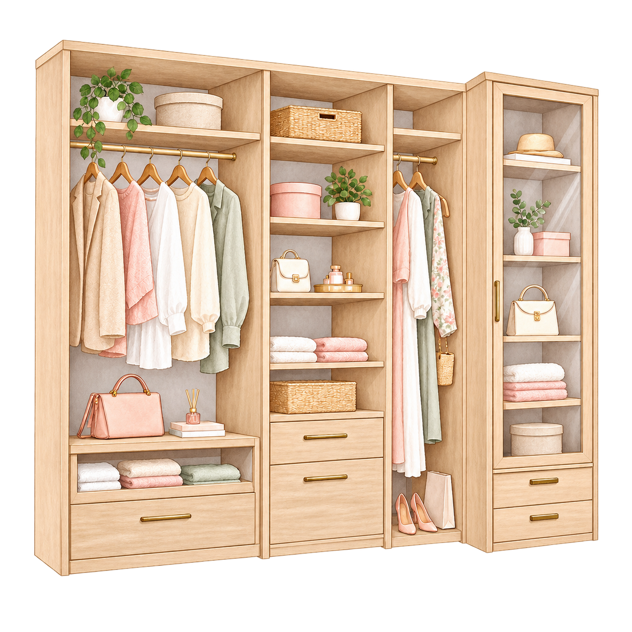 Illustration aquarelle d'un dressing ouvert en bois clair