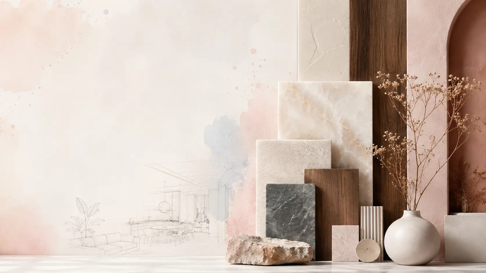 Échantillons de pierre naturelle, bois et enduits posés devant un mur aquarellé